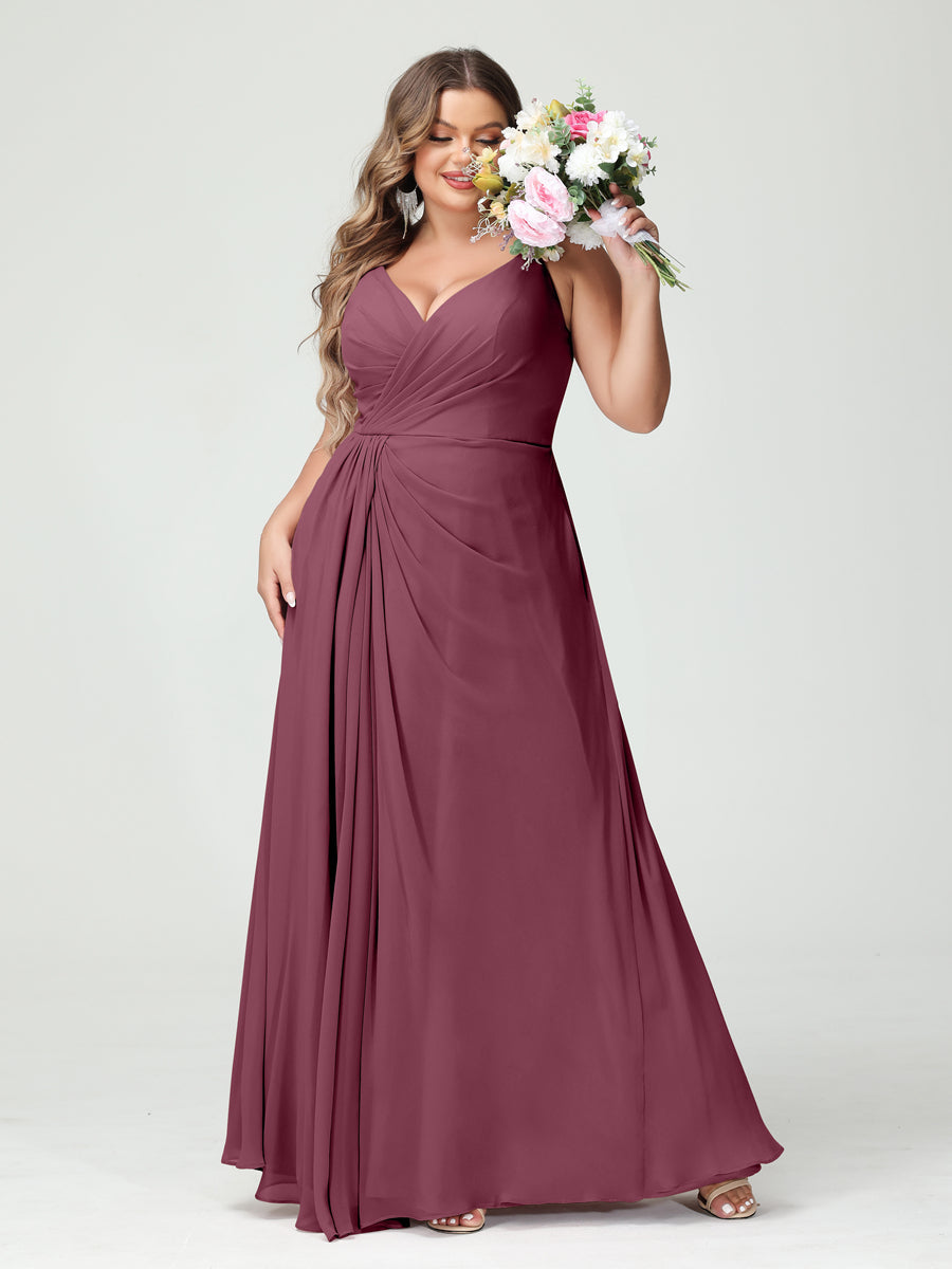 A-Line/Princess/Princess Spaghetti Straps Sleeveless Chiffon Plus Size Bridesmaid Dresses with Pockets & Split Side