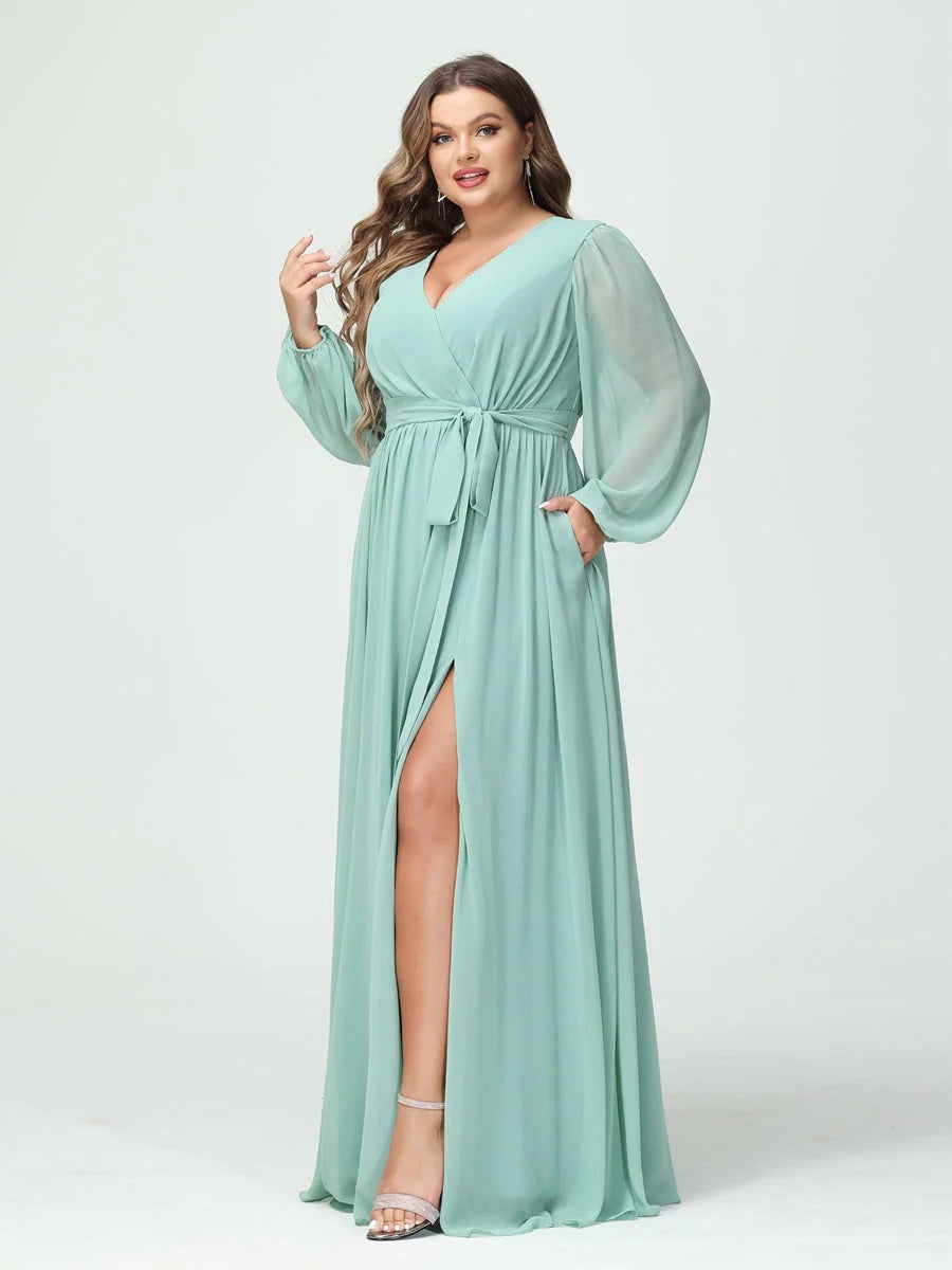 A-Line/Princess V-Neck Long Sleeves Chiffon Plus Size Bridesmaid Dresses with Pockets