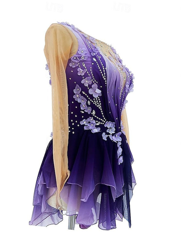 Purple Figure Skating Dress Wear Women's Girls' Long Sleeve Ice Skating Dress