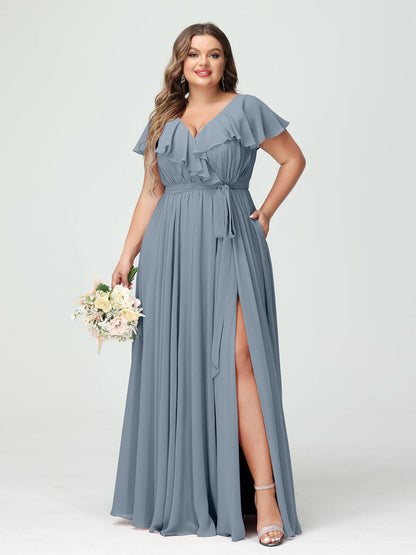 A-Line/Princess V-Neck Short Sleeves Chiffon Plus Size Bridesmaid Dresses With Pockets,Ruffles  ,Ruched & Split Side