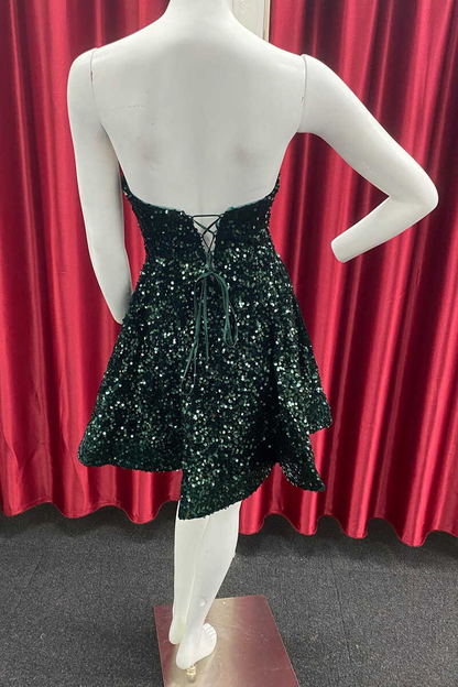 Dark Green Sequin Sweetheart A-Line Short Homecoming Dress gh1328