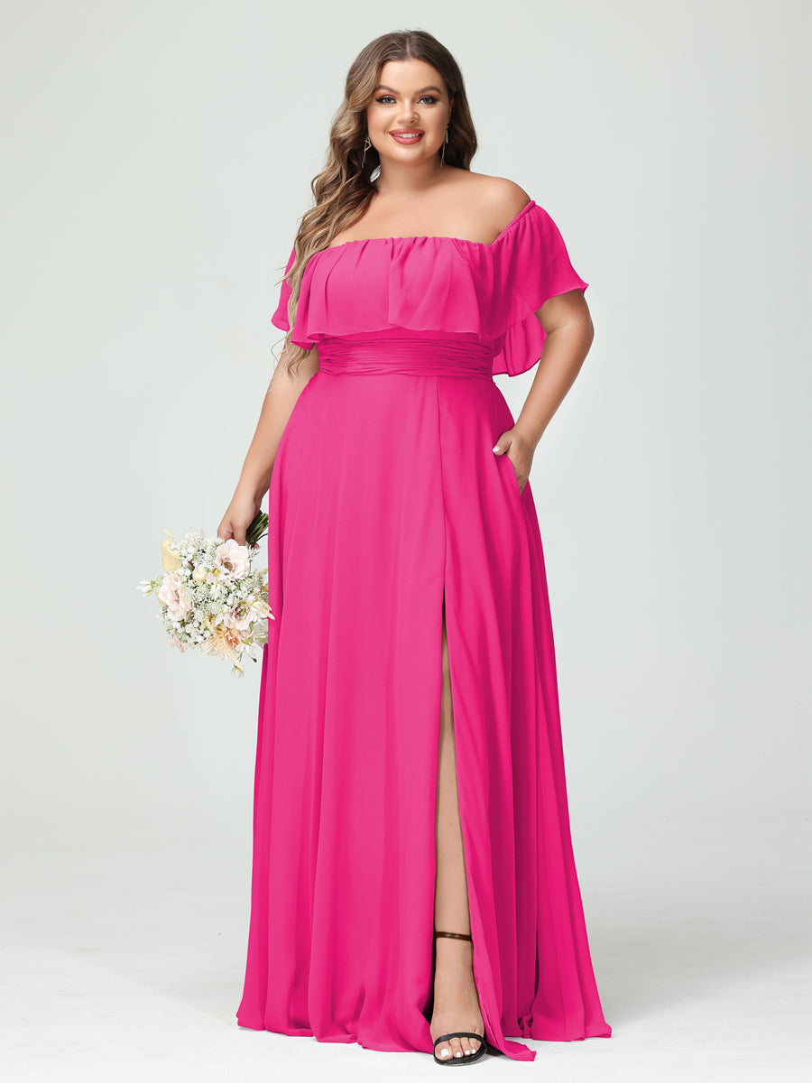 A-Line/Princess Off-the-Shoulder Short Sleeves Chiffon Plus Size Bridesmaid Dresses with Pockets & Split Side