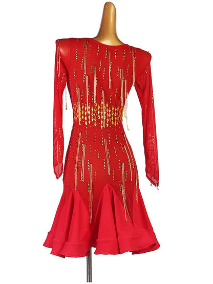 Latin Dance Dress Beading Crystals/Rhinestones Sequins Women‘s Performance Long Sleeve Chinlon Mesh