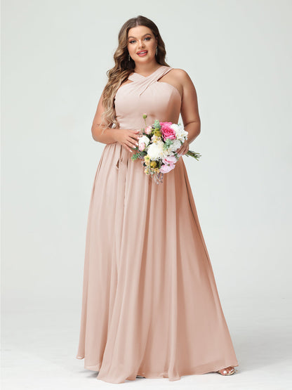 A-Line/Princess/Princess Criss Cross Sleeveless Chiffon Plus Size Bridesmaid Dresses with Sash