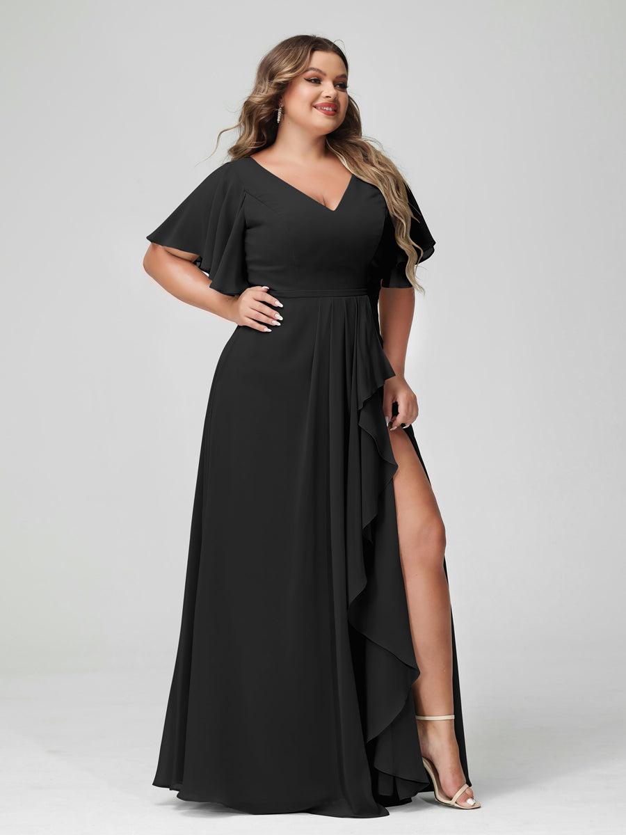 A-Line/Princess V-Neck Half Sleeves Chiffon Plus Size Bridesmaid Dresses with Split Side & Ruffles