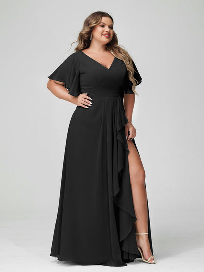 A-Line/Princess V-Neck Half Sleeves Chiffon Plus Size Bridesmaid Dresses with Split Side & Ruffles