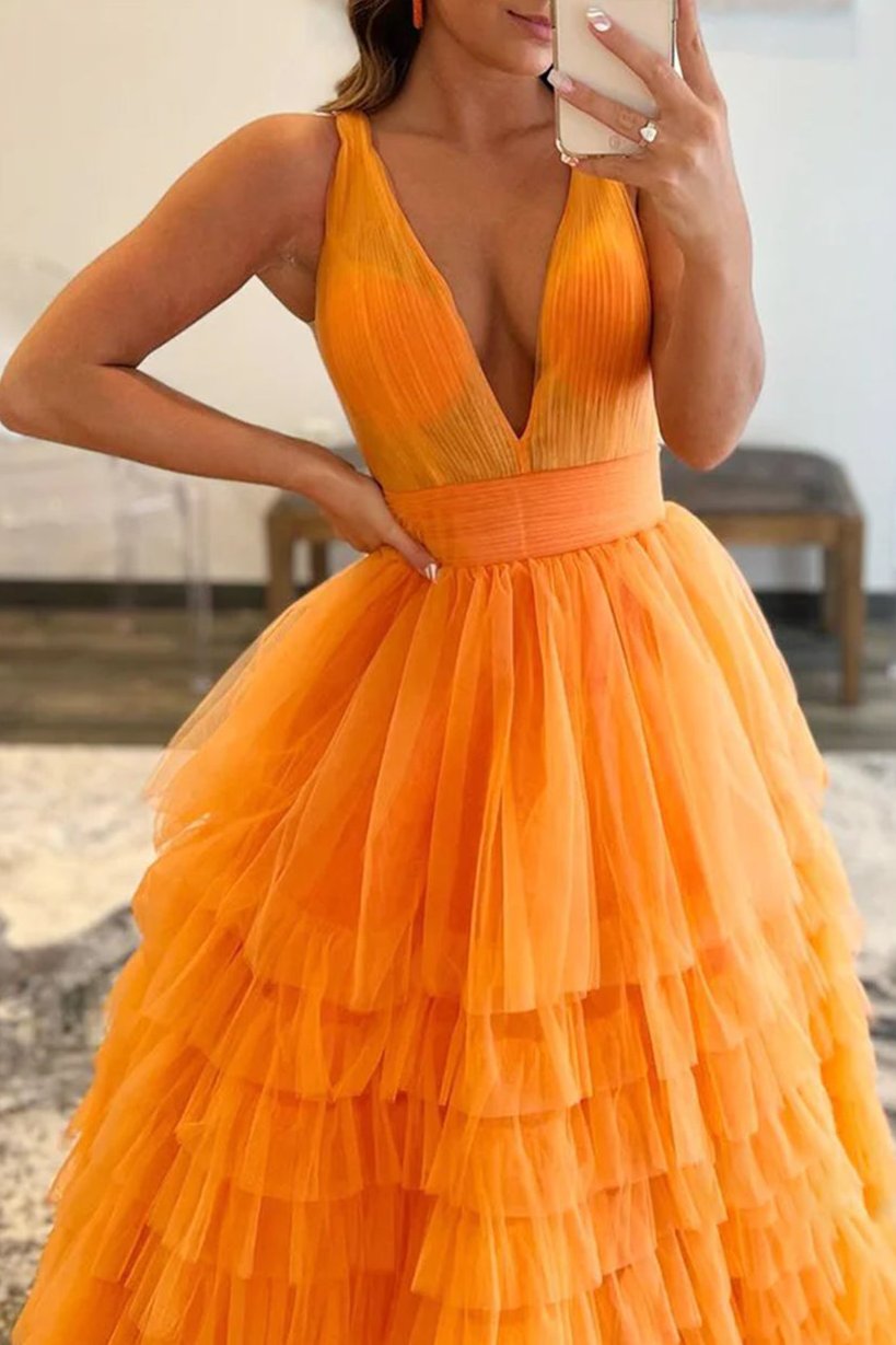 Reese |A-line Orange V-Neck Tulle Long Prom Dress