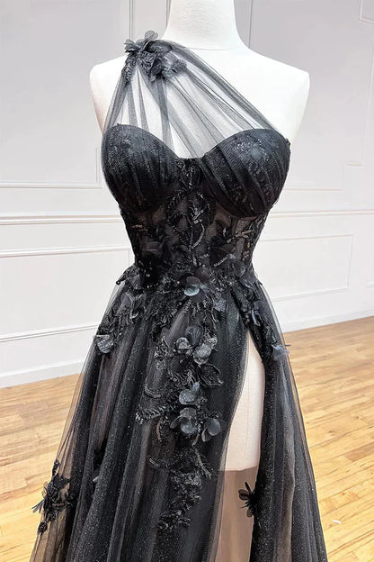 Black One Shoulder Floral Prom Dresses, Preppy Prom Dresses 2024