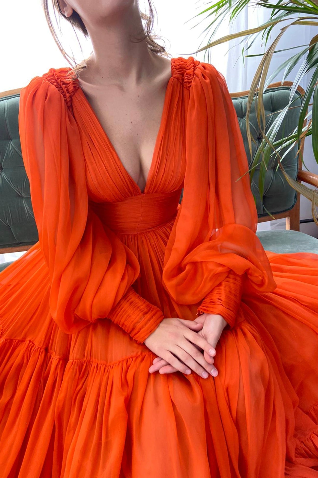 Iyla | Orange Chiffon Floor Length Prom Dress, Long Sleeve Evening Party Dress