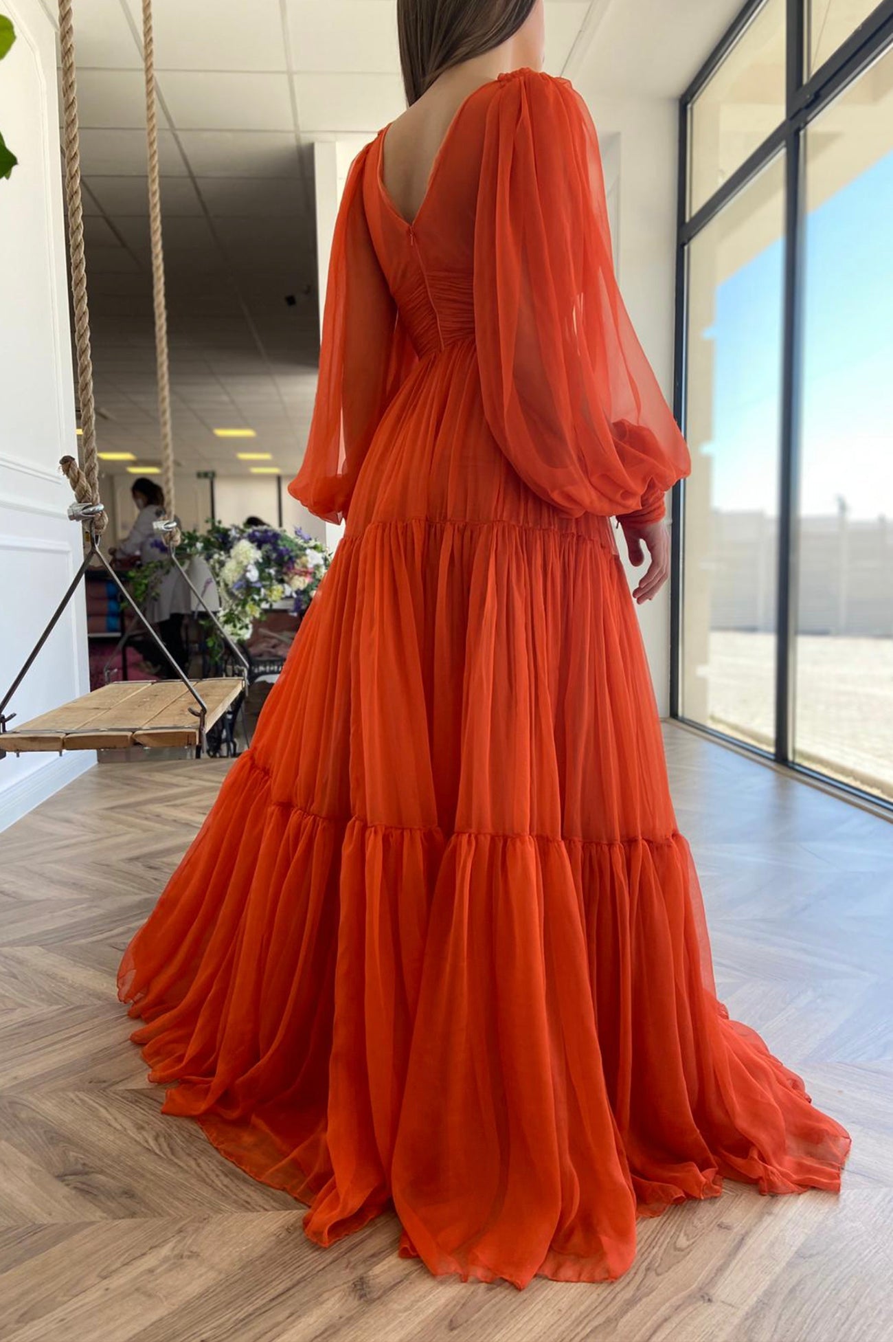 Iyla | Orange Chiffon Floor Length Prom Dress, Long Sleeve Evening Party Dress