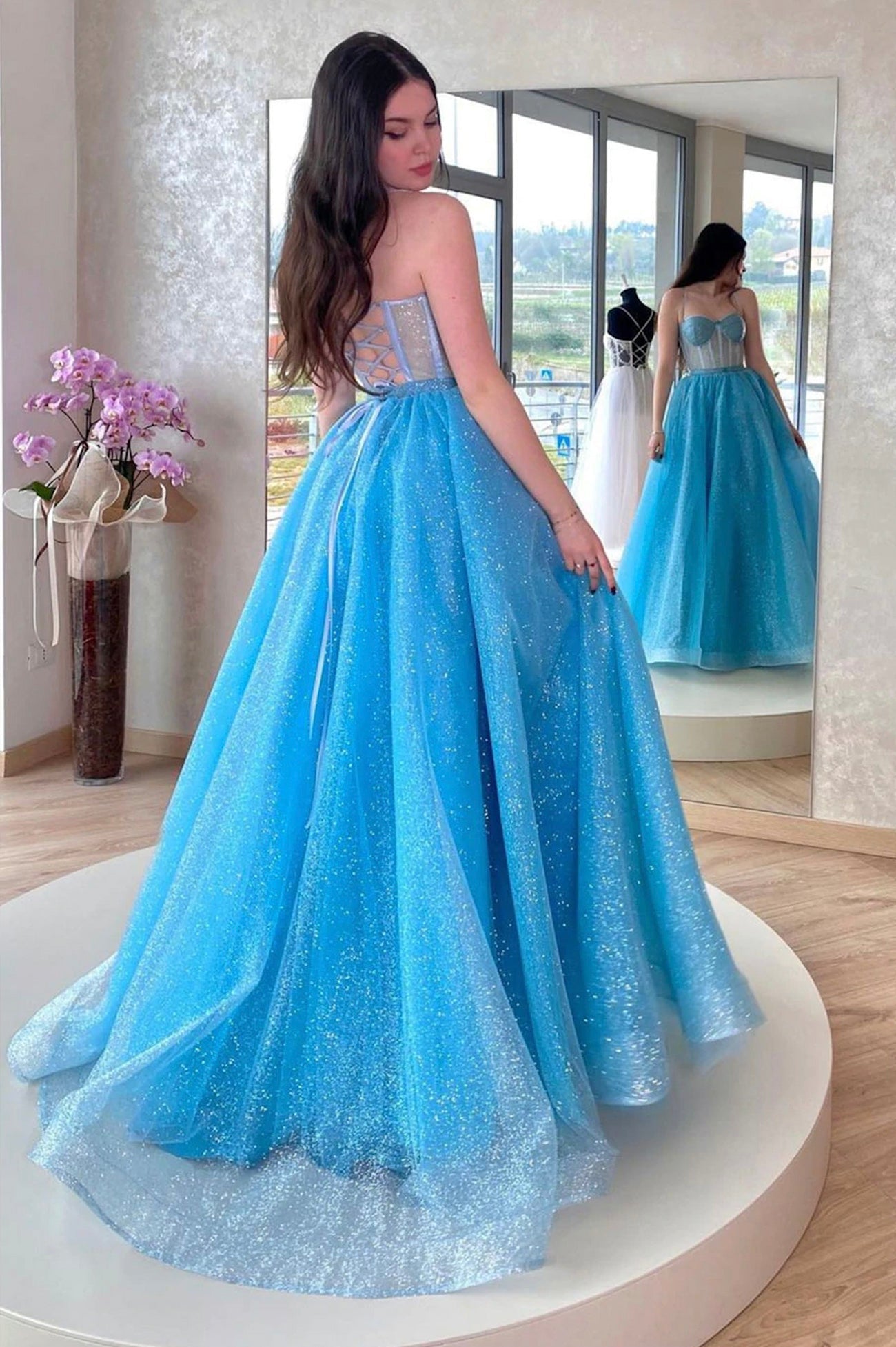 Mavis | Blue Tulle Long A-Line Prom Dress, Blue Lace-Up Evening Dress with Corset