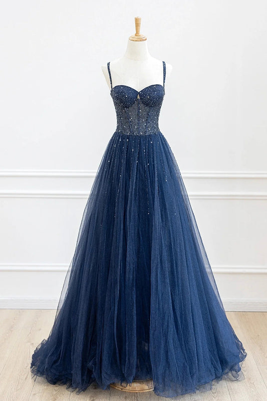 Marceline | Blue Tulle Beaded Long Prom Dress Formal Dress