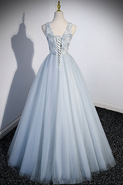 Angelica | Cute V-Neck Tulle Long Prom Dress, Gray Evening Dress Party Dress