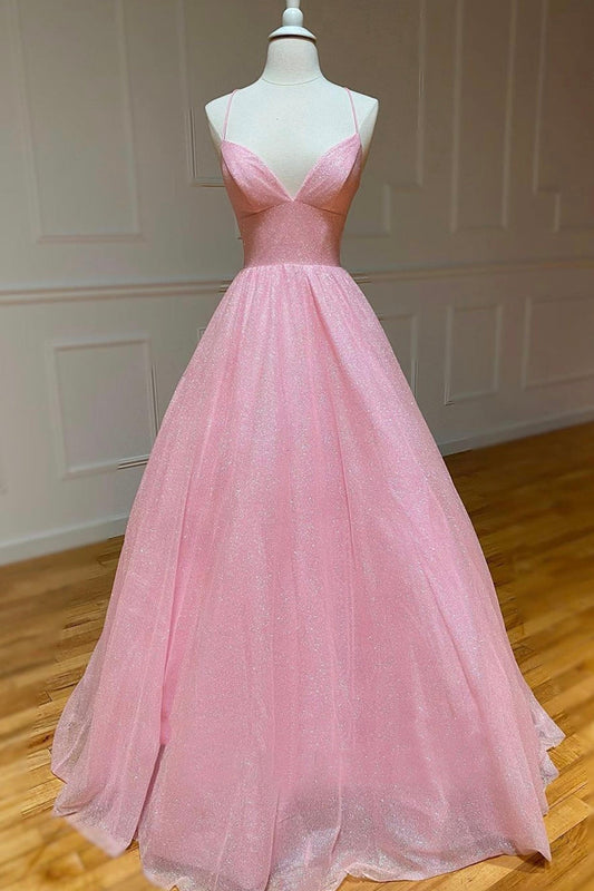 Elodie | Pink Tulle Long Backless Prom Dress A-Line V Neck Party Dress