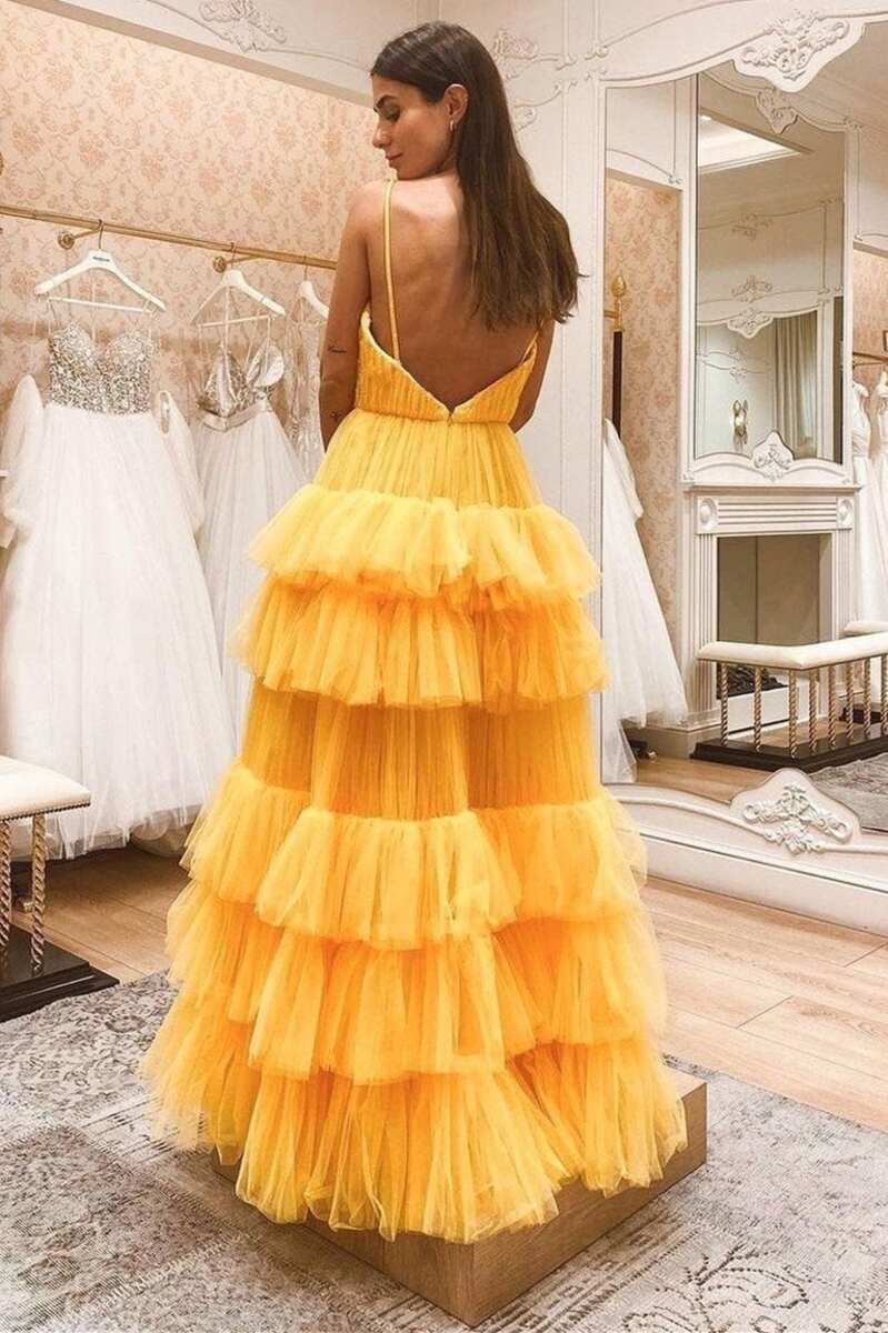 Princess Tiered Yellow Tulle Straps Backless Long Prom Dress