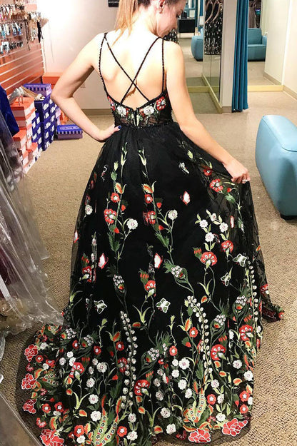 Harlee | Gorgeous Black Floral Embroidered Prom Dress