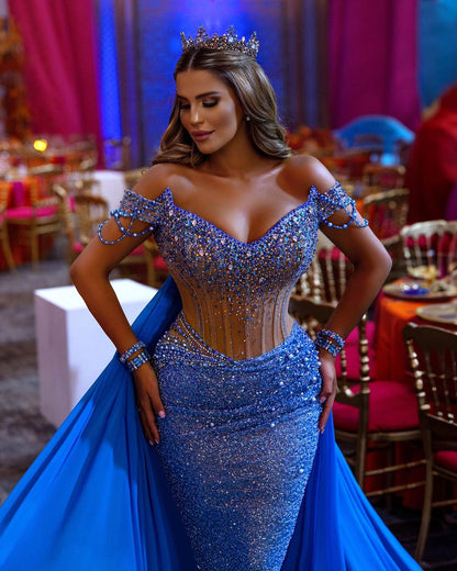 Heavy Prom Dress Sequins Off-the-shoulder  Beadings V Neck YL0252