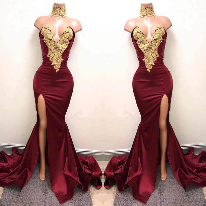 Burgundy V-Neck Mermaid Prom Dress Split With Lace Appliques PD0657