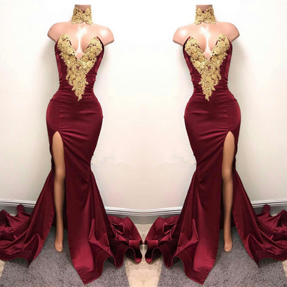 Burgundy V-Neck Mermaid Prom Dress Split With Lace Appliques PD0657