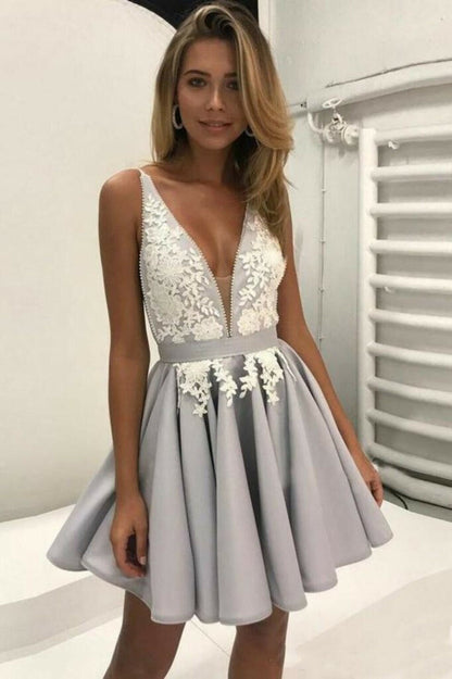 LTP0481,Grey Applique V-neck Homecoming Dresses A-Line Party Dress