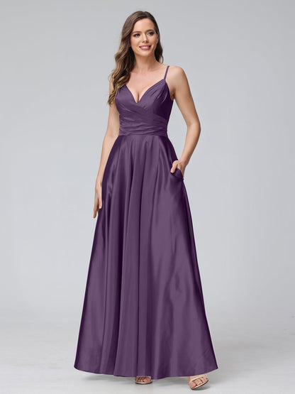 A-Line/Princess V-Neck Sleeveless Ankle-Length Silk Satin Bridemaid Dresses with Pockets & Split Side