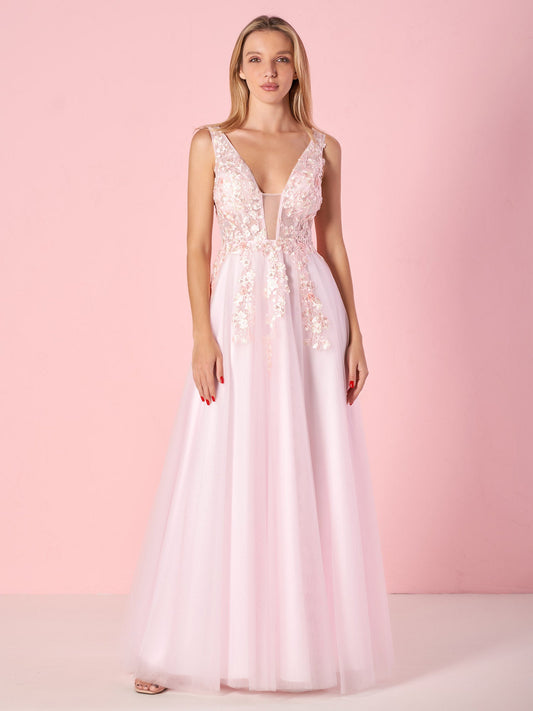 Elegant A-line V-Neck Tulle Floor-Length Prom Dress with Lace Appliques