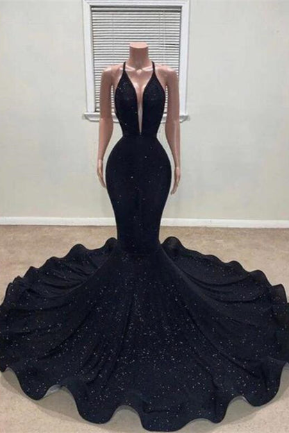 edgynewlook Black Mermaid Halter Prom Dress With Sequins