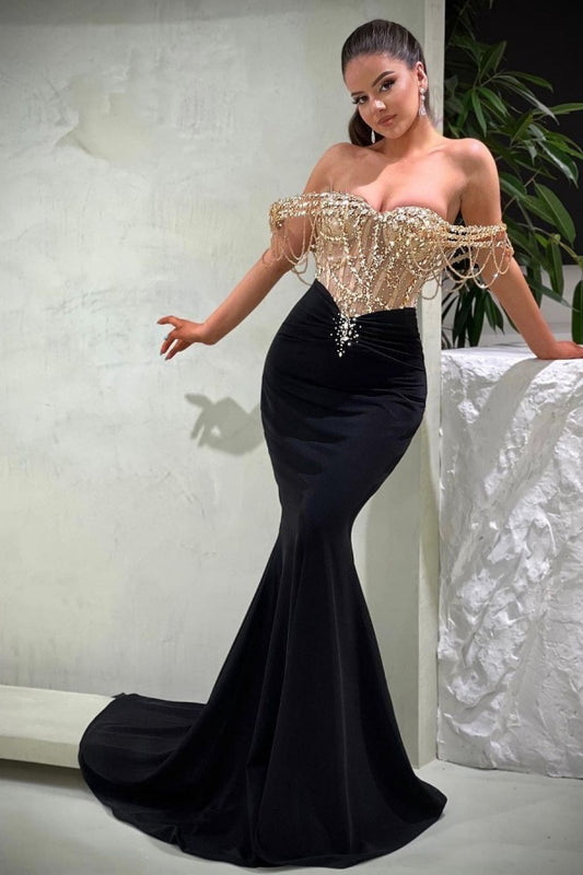 Black Sequin Mermaid Prom Dress Off The Shoulder Strapless Beaded Gown YH0058