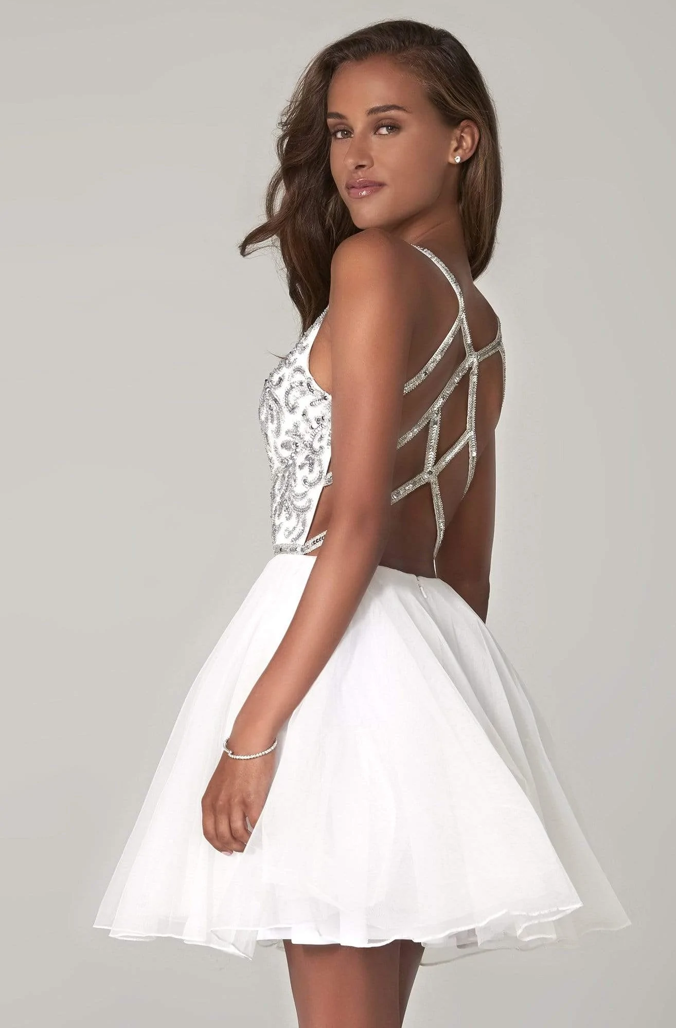 V-Neck Sequined Bodice Short A-Line Dress gh823