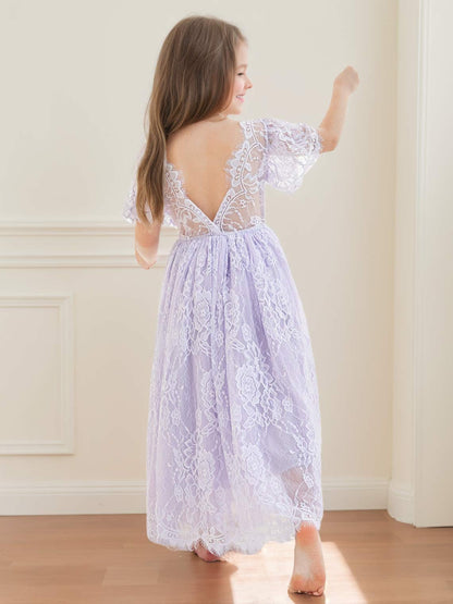 A-line Lace Ankle-length Ivory Boho Flower Girl Dress