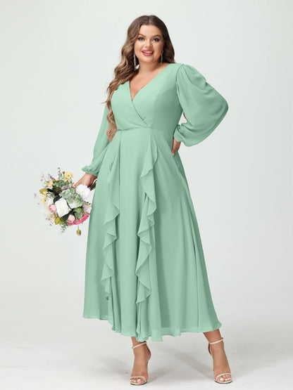 A-Line/Princess/Princess V-Neck Long Sleeves Chiffon Tea-Length Plus Size Bridesmaid Dresses with Pockets & Ruffles