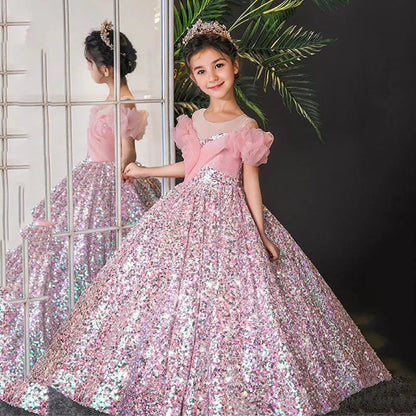 Long Sleeves Ball Gown Round Neck Flower Girl Party Dress with Ruffles