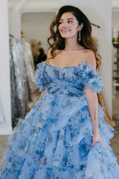 Sigourney | Blue Floral Tiered A-Line Long Prom Dress with Ruffles