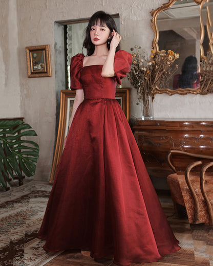 Burgundy satin long A line prom dress homecoming dress  8916