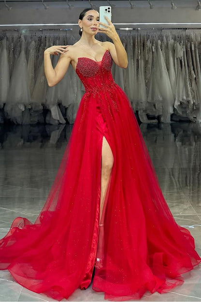 edgynewlook Shinning Red Tulle Sleeveless Sweetheart Strapless Split Prom Dress with Beadings