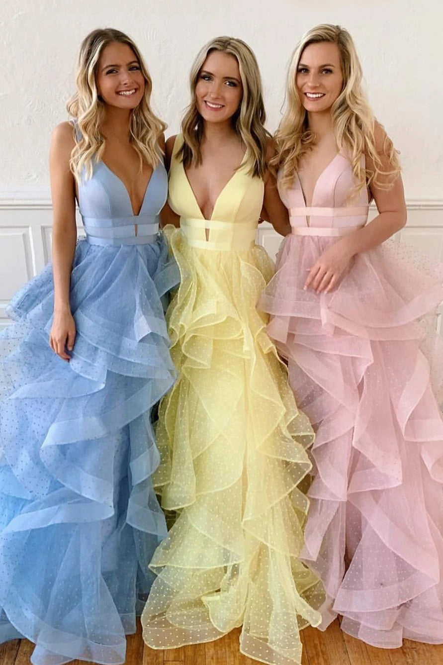 Teagan |A-line V Neck Cascading Ruffles Long Prom Dress