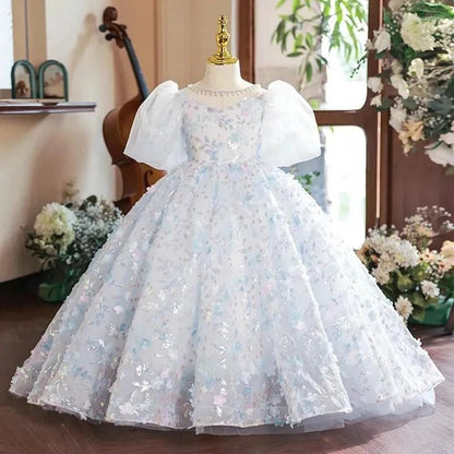 Princess Short Sleeves Ball Gown Girl Party Dress with Crystal Flower Appliques