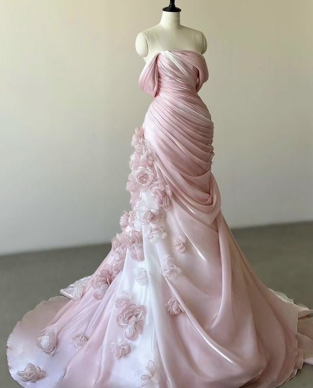 Pink Gorgeous Exquisite Floral Long Pleated Tulle Floor-Length Train Ball Gown Evening Gown Wedding Dress gh3271