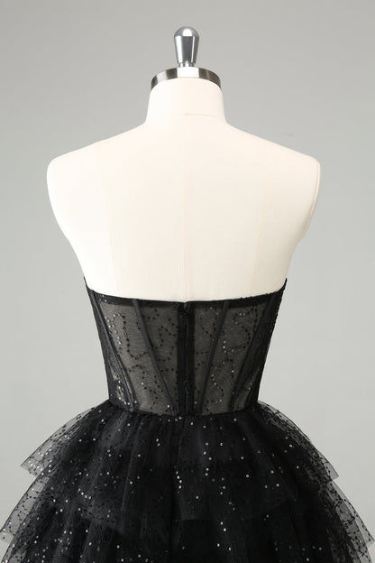 Sparkly A Line Black Sweetheart Tiered Corset Cute Homecoming Dress