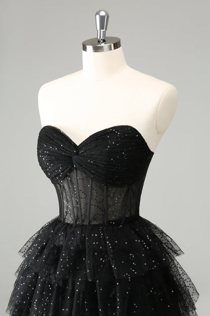 Sparkly A Line Black Sweetheart Tiered Corset Cute Homecoming Dress