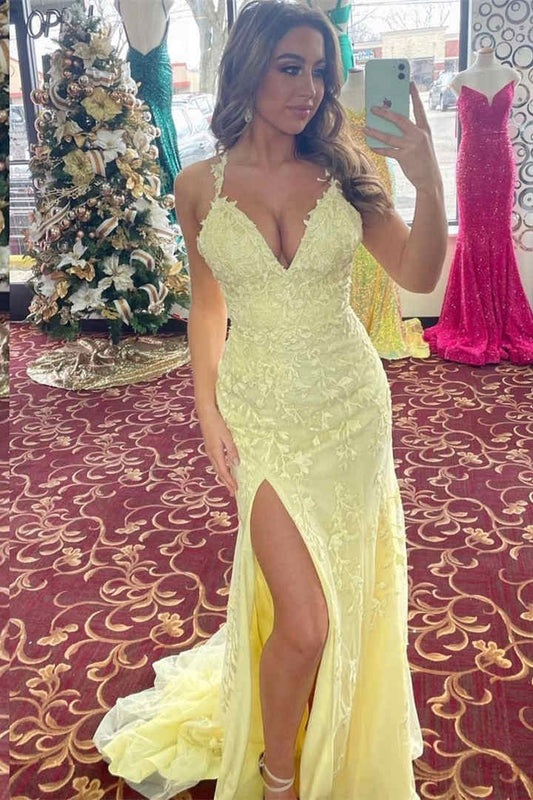 Kalista | Elegant V-Neck Light Yellow long Prom Dress with Lace Appliques