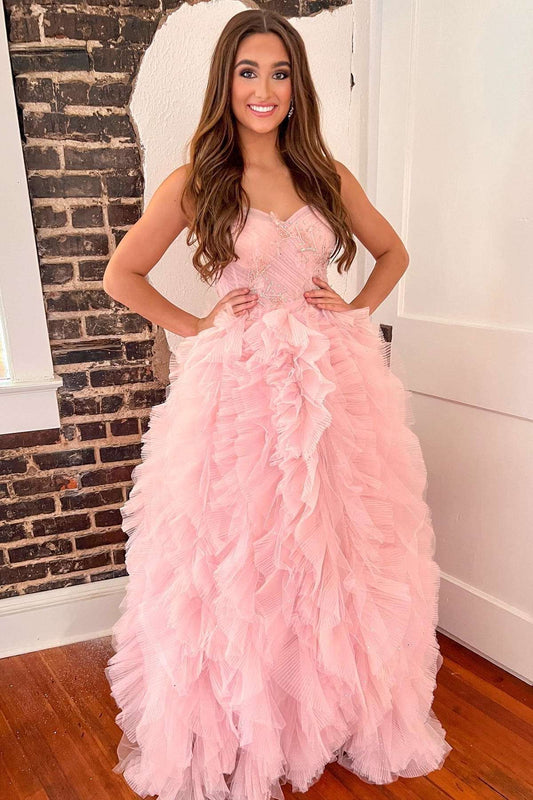 Pink Beaded Strapless Tiered Prom Dress with Ruffles