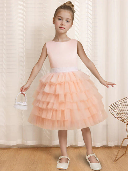 Ball-Gown Round Neck Sleeveless Knee-Length Flower Girl Dress with Ruffles & Bowknot