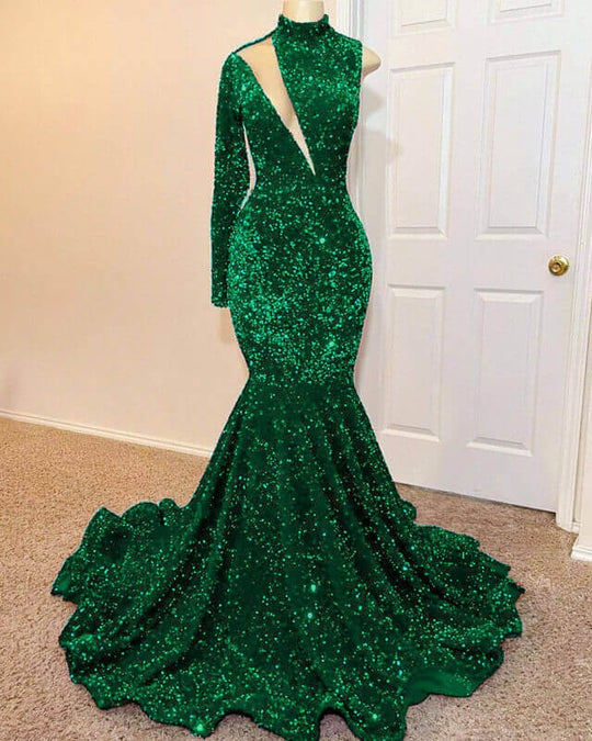 Green Long Sleeves High Neck Mermaid Long Prom Dress With Sequins PD0681