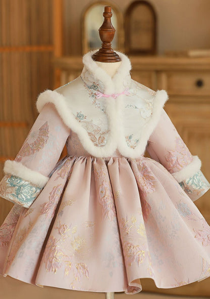 Tea Length High Neck Winter Long Sleeves Embroidery Baby Girl Dress with removed Scarf