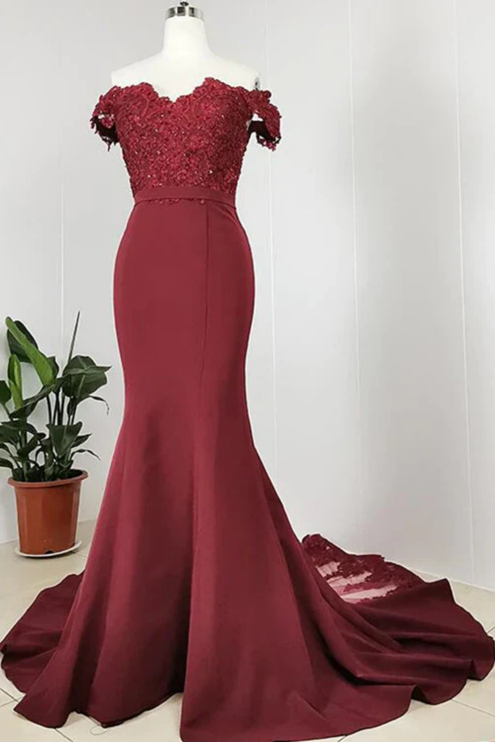 Burgundy Off Shoulder Handmade Mermaid Bridesmaid Dress, Long Prom Dress Evening Dress gh289