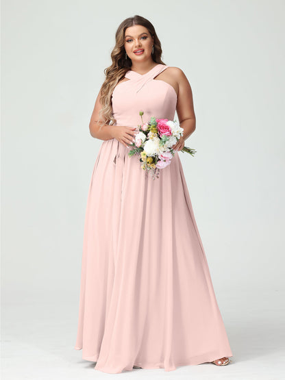 A-Line/Princess/Princess Criss Cross Sleeveless Chiffon Plus Size Bridesmaid Dresses with Sash