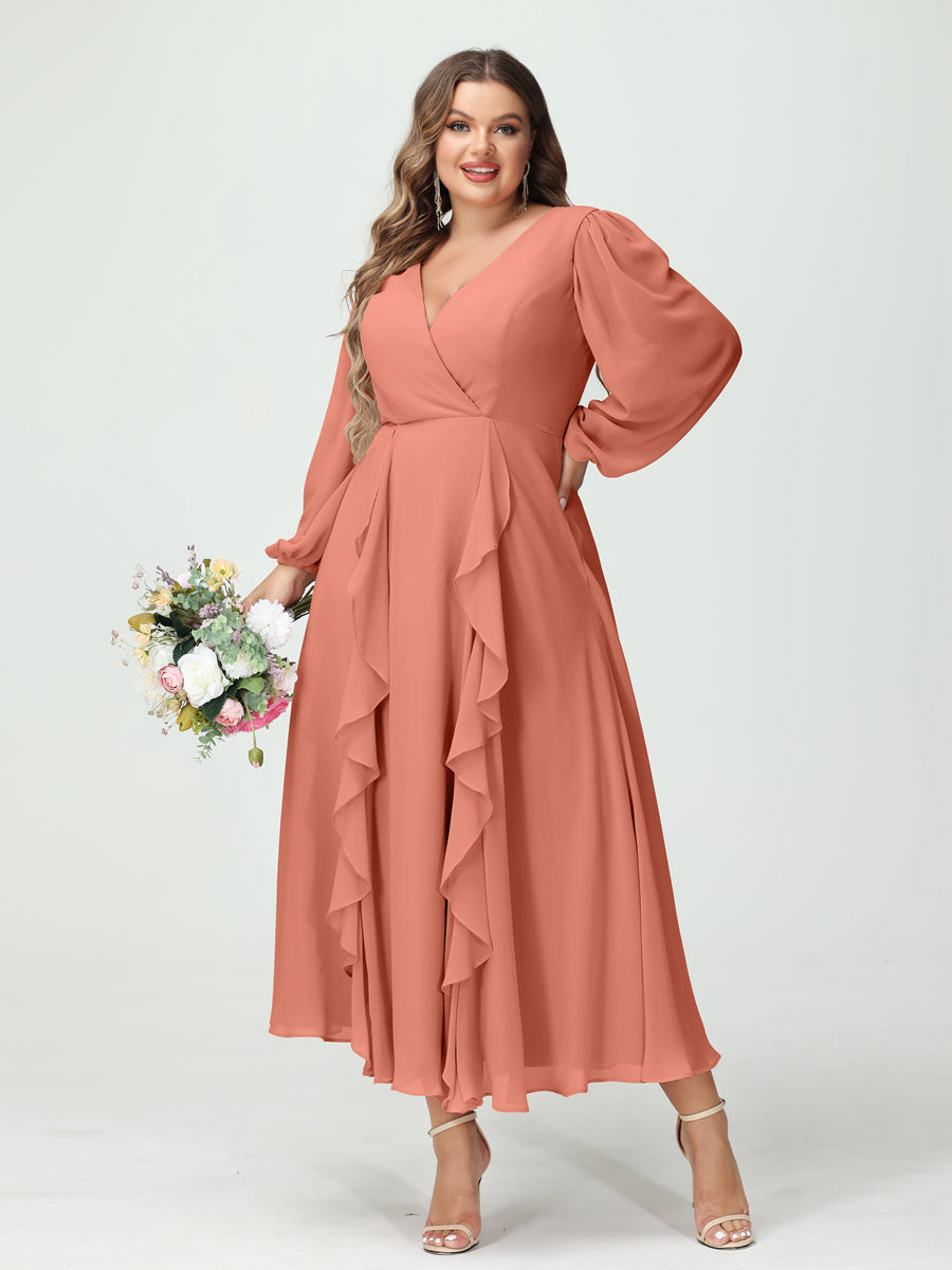 A-Line/Princess/Princess V-Neck Long Sleeves Chiffon Tea-Length Plus Size Bridesmaid Dresses with Pockets & Ruffles