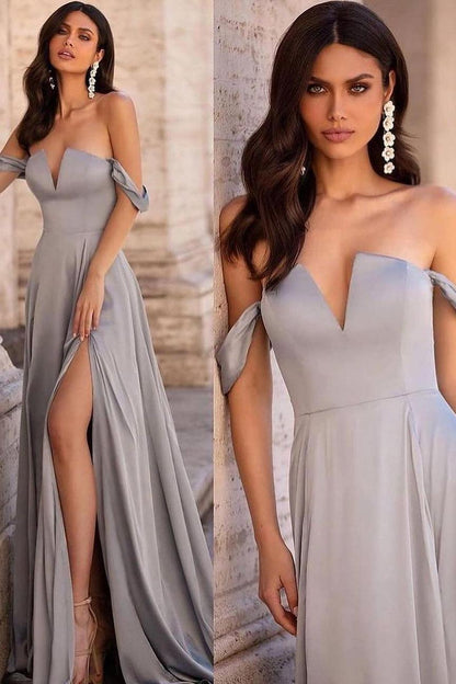 edgynewlook Simple Satin Off the Shoulder Strapless V Neck Long Prom Dress with Split