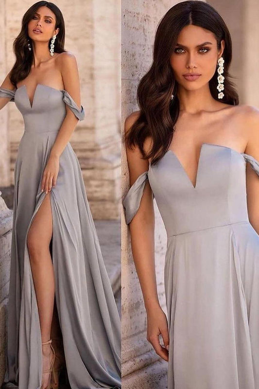 edgynewlook Simple Satin Off the Shoulder Strapless V Neck Long Prom Dress with Split